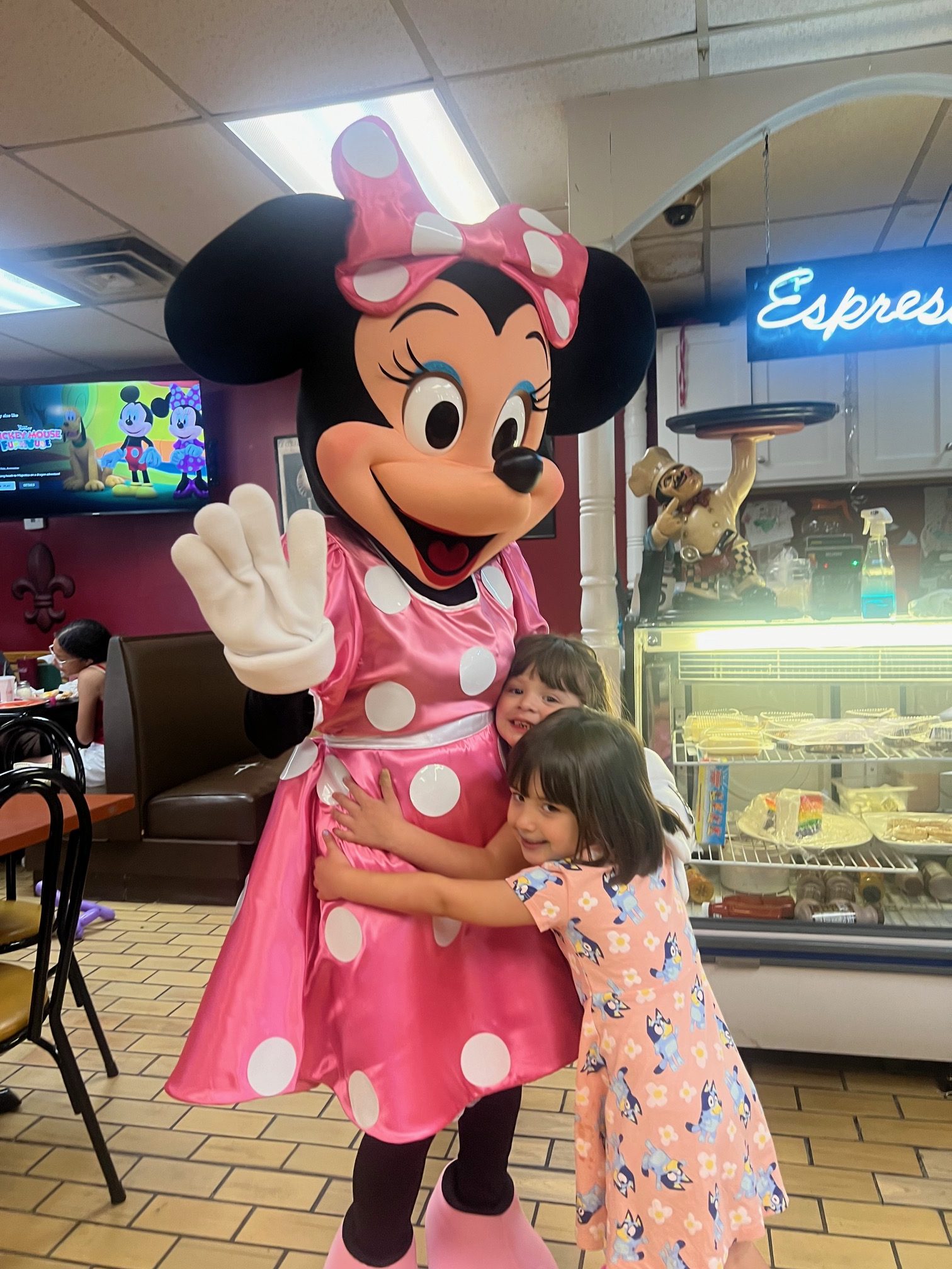 Minnie Mouse getting a hug at a restaurant | Rent Party Characters