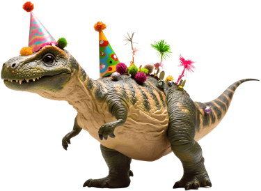 Festive dinosaur! T-Rex in party hat, decorated with colorful pom-poms and streamers, against a transparent background