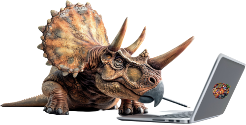 Photograph of a triceratops writing a novel on a laptop