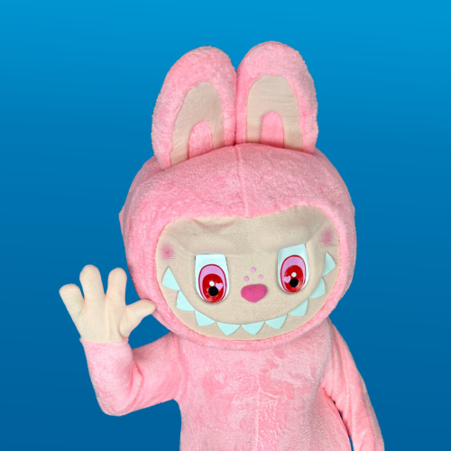 Pink Labubu character blue background